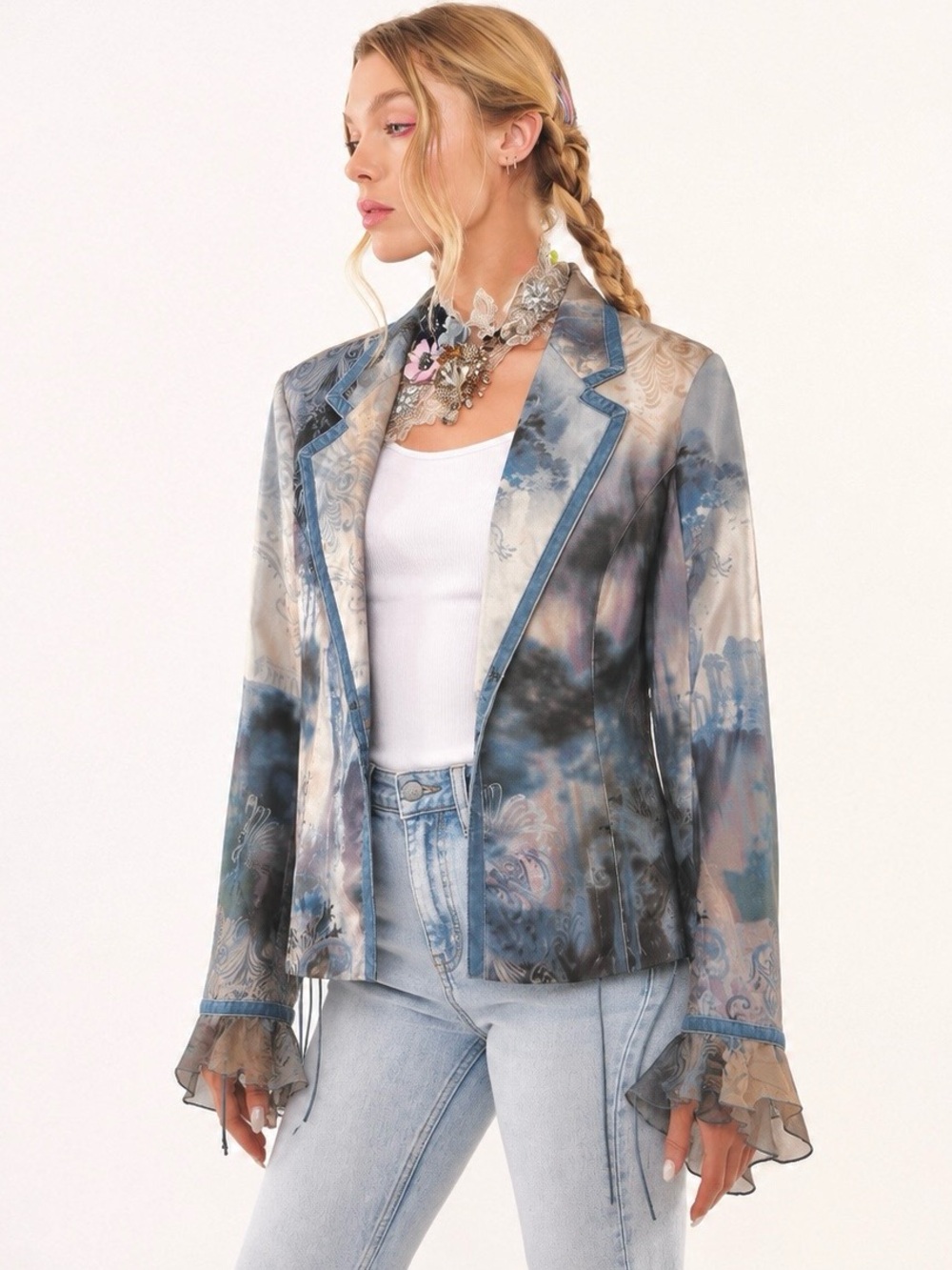 Vintage Boho Chic Lace Up Watercolor Blazer 8 M